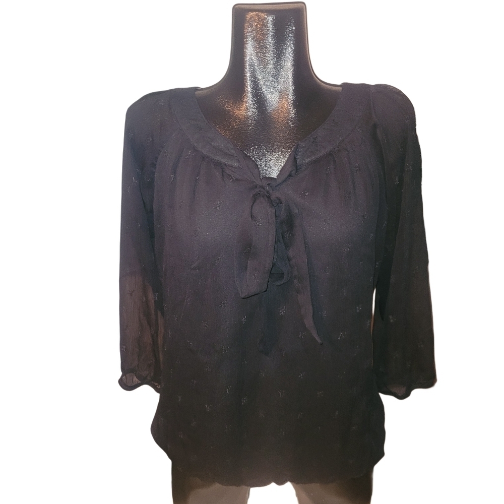 Ispiri Black Semi Sheer Blouse with Tie Neckline L